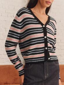 lacRébo Multicolor Striped Knit V Neck Wool Blended Cardigan Summer Autumn Casual Daily Casual - Multicolor - View 7