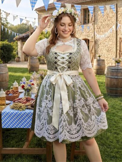SHEIN Frenchy Gaun Dirndl Ukuran Besar yang Manis dan Elegan Gaya Vintage Oktoberfest Era 1960-an dan 90-an dengan Hiasan Renda, Tali Serut, dan Warna Putih Hijau Zaitun serta Bordir Jala.