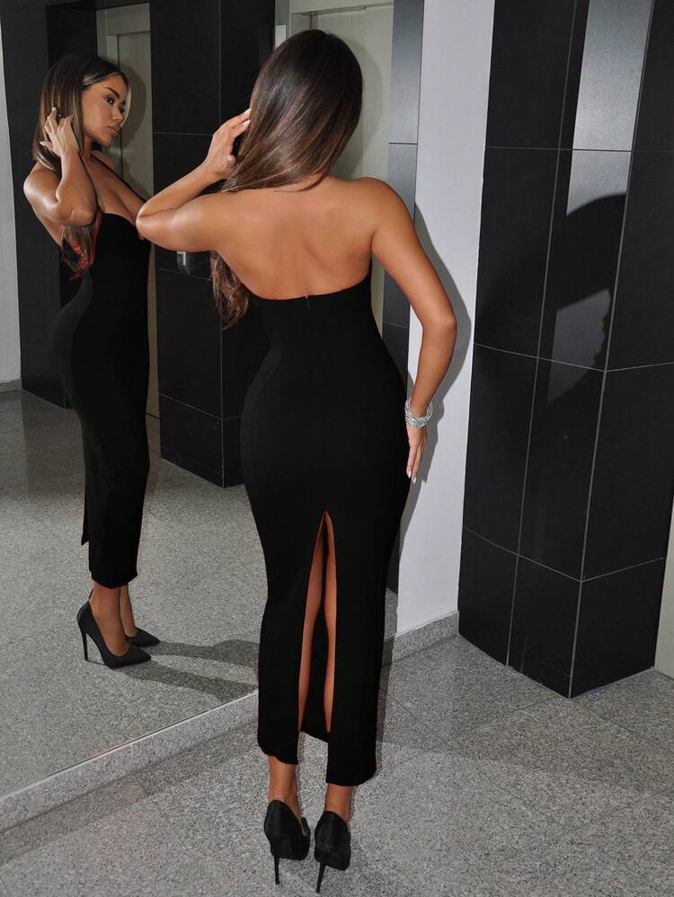 SHEIN ICON Gaun Panjang Slim Fit dengan Potongan Leher Model Halter untuk Wanita - Hitam - View 2