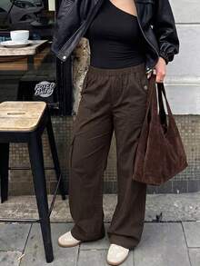 Solavibe Plus Size Women Solid Color Drawstring Waist Pocket Casual Daily Sweatpants,Brown Cargo Pants For Women,Plus Size Brown Drawstring Multi Pocket Cargo - Rust Brown - View 3