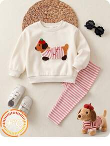 SHEIN Setelan Baju Sweatshirt Lengan Panjang dan Celana Panjang Bergaris Motif Kartun Lucu Kasual untuk Bayi Perempuan (3 Setelan, Dapatkan 1 Setelan Acak) - Putih - View 7