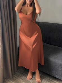 Dazy Plus Charming Glossy Satin Slim Fit Spaghetti Strap Long Plus Size Women Sexy Nightgown Spring Summer - Burnt Orange - View 1