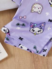 SHEIN Conjunto de ropa de estar en casa para niñas con estampado de gato oscuro púrpura, lindo y dulce, con abertura frontal, manga larga y pantalones, de tela suave y cómoda, regalo perfecto para niñas - Morado - Ver 7
