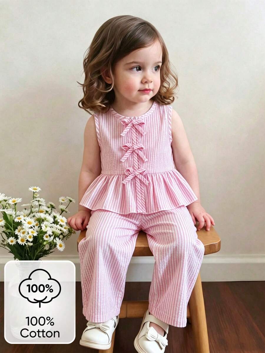 SHEIN Playful Pals 2件套女婴幼儿/新生儿0-3岁春夏休闲甜美日常度假条纹梭织无袖上衣和阔腿裤两件套 - 粉色 - 查看 1