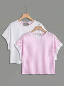 SHEIN Girlism Conjunto de 2 piezas casual y lindo para niña preadolescente, camiseta de manga corta con cuello redondo, espalda abierta cruzada y líneas de contraste, estilo mamá e hija, a rayas rosas, negro y blanco escolar - Multicolor - Ver 2