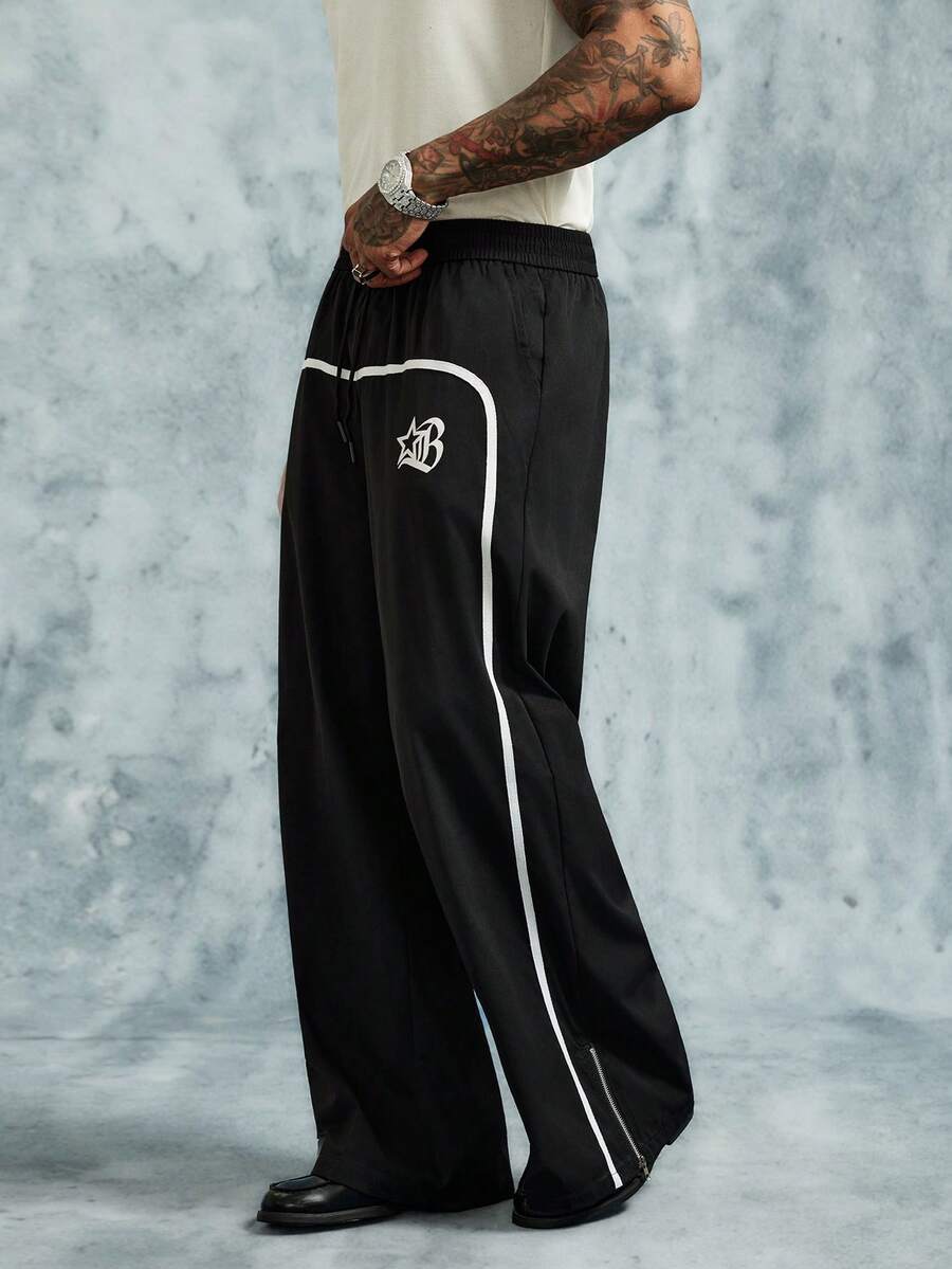 INCRYTM Men's Wide Leg Printed Drawstring Waist Street Pants, Fall Wide Leg - Black - View 1