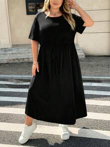 SHEIN CURVE+ 大尺碼純色圓領短袖腰部綁帶口袋休閒洋裝，2026秋冬 22W - 黑色 - 查看 3