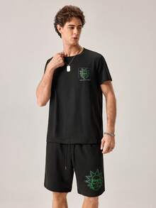 Strevion Men's Summer Fashion Rick And Morty Graphic Print Letter Print Sports Short Sleeve T-Shirt And Shorts 2pcs Casual Daily Set - Black - View 3
