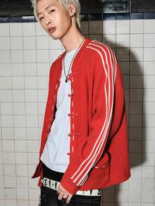 ROMWE MEN Street Life Men's Long Sleeve Striped Pocket Knit Cardigan - Hot Pink - View 4