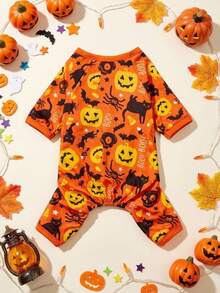 1pc Pet Cat Dog Universal Halloween Cartoon Pattern Pumpkin Cat Print Cute Knitted Elastic Comfortable Dog Jumpsuit Pajamas, PETSIN Original Design - Multicolor - View 1