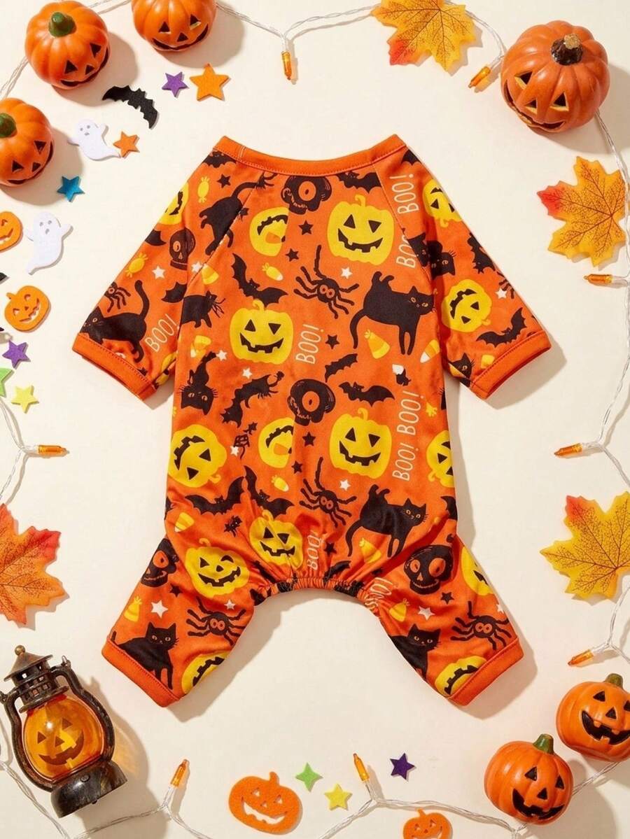 1pc Pet Cat Dog Universal Halloween Cartoon Pattern Pumpkin Cat Print Cute Knitted Elastic Comfortable Dog Jumpsuit Pajamas, PETSIN Original Design - Multicolor - View 1
