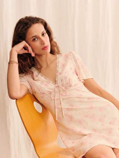 lacRébo Pink Floral Vintage Frenchy Elegant Romantic Cottagecore V Neck Mini Dress Summer Holiday Casual French Style Picnic Date Night Tea Party