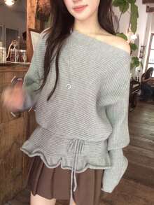 DAZY Women's Korean Style Asymmetrical Shoulder Ruffle Trim Long Sleeve Sweater Fall - Grey - View 3