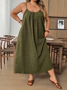 SHEIN CURVE+ Vestido casual suelto con tirantes finos y espalda descubierta con estampado de árbol, adecuado para vacaciones y playa en tallas grandes - Verde - Ver 5