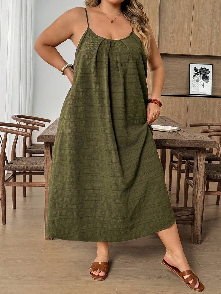 SHEIN CURVE+ Plus Size Tree Pattern Spaghetti Strap Backless Loose Casual Dress, Suitable For Vacation And Beach - Green - View 4