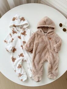 SHEIN 2pcs Newborn Baby Boy Baby Girl Autumn/Winter Cute Casual Cartoon Bear Pattern Fuzzy Hooded Footed Romper Set, Unisex Baby Clothes, Baby Winter Clothes - Multicolor - View 5