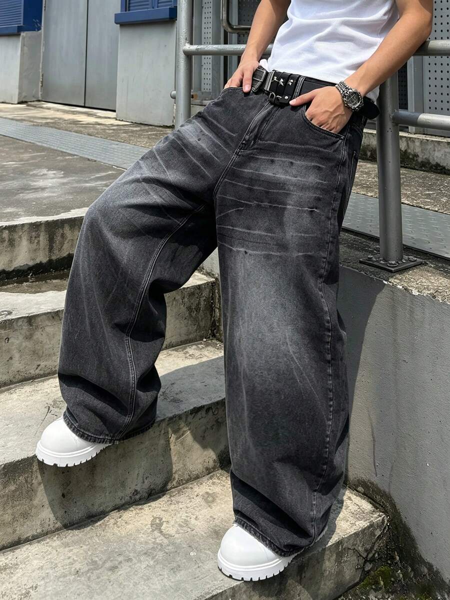 Manfinity EMRG 男士休閒水洗彎腿牛仔長褲 - 深灰色 - 查看 1