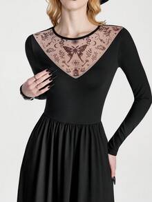 Breakform Vestido punk casual de cuello redondo con patrón de malla en contraste - Negro - Ver 5