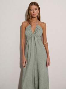 Nöista Women's Solid Color Deep V-Neck Wide Leg Loose Casual Halter Neck Jumpsuit - Army Green - View 5