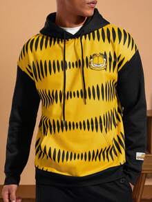 GARFIELD | SHEIN Men Casual Loose Cartoon Portrait Print Contrast Color Kangaroo Pocket Drawstring Hoodie Sweatshirt, Autumn/Winter - Black - View 1