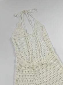 Sweetra Plus Size Women's Solid Color Spaghetti Strap Slit Knit Dress For Vacation Fall - White - View 6
