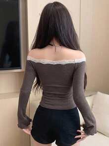 DAZY 女款方領修身T恤，性感風格 - 棕色 - 查看 5