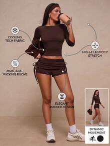 Glamine Women's Solid Chocolate Brown Ribbed Knit Two Piece Outfit, Minimal Y2K Off Shoulder Top With Double Side Drawstring Ruched Shorts Graduation Season. - Brown - View 12