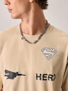 Strevion SUPERMAN 男士休闲百搭简约超人图案印花圆领短袖T恤 - 杏色 - 查看 7
