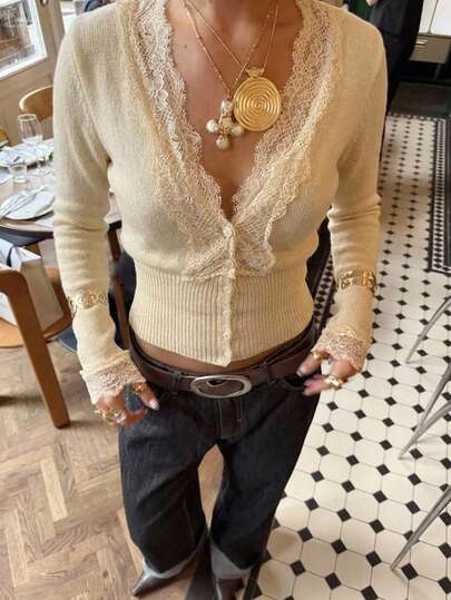 Aloruh Women's Elegant Daily Commute Sweet Cream Yellow Lace Patchwork Slim Fit V-Neck Cardigan