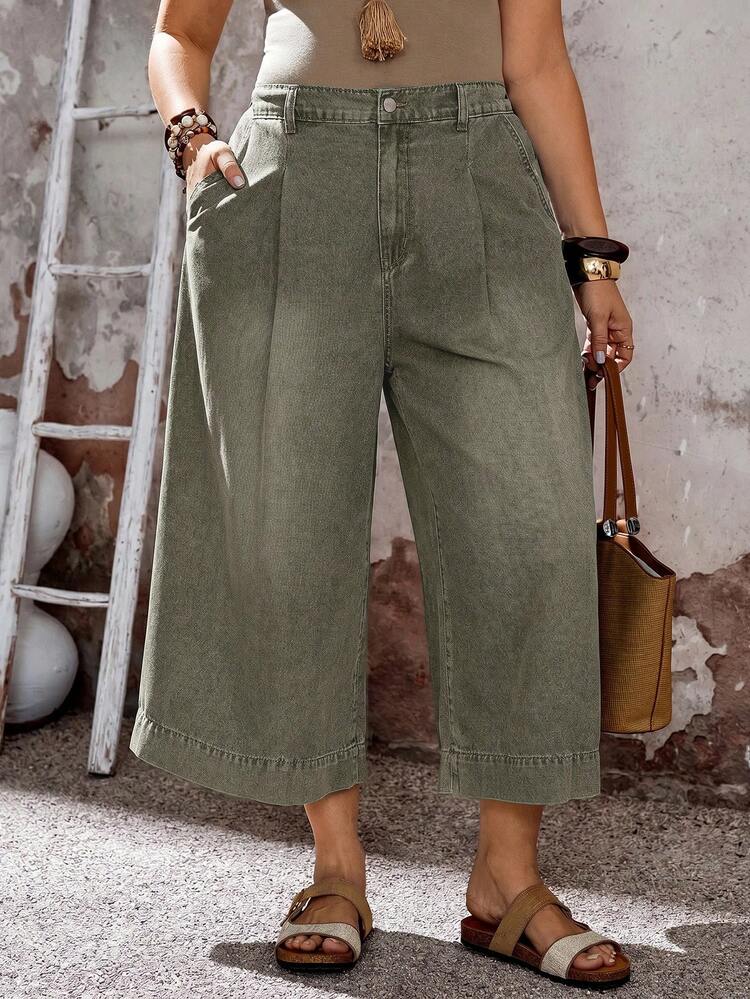 EMERY ROSE EMERY ROSE Plus Size Women's Pocket Wide Leg Loose Casual Streetwear Versatile Denim Jeans, Army Green Pants, Elastic Waist, Commuter, Office, Casual. - Army Green - View 4