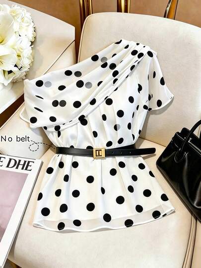 INAWLY Women's Elegant Fashion Casual Elegant Polka Dot Pattern Asymmetrical Shoulder Top