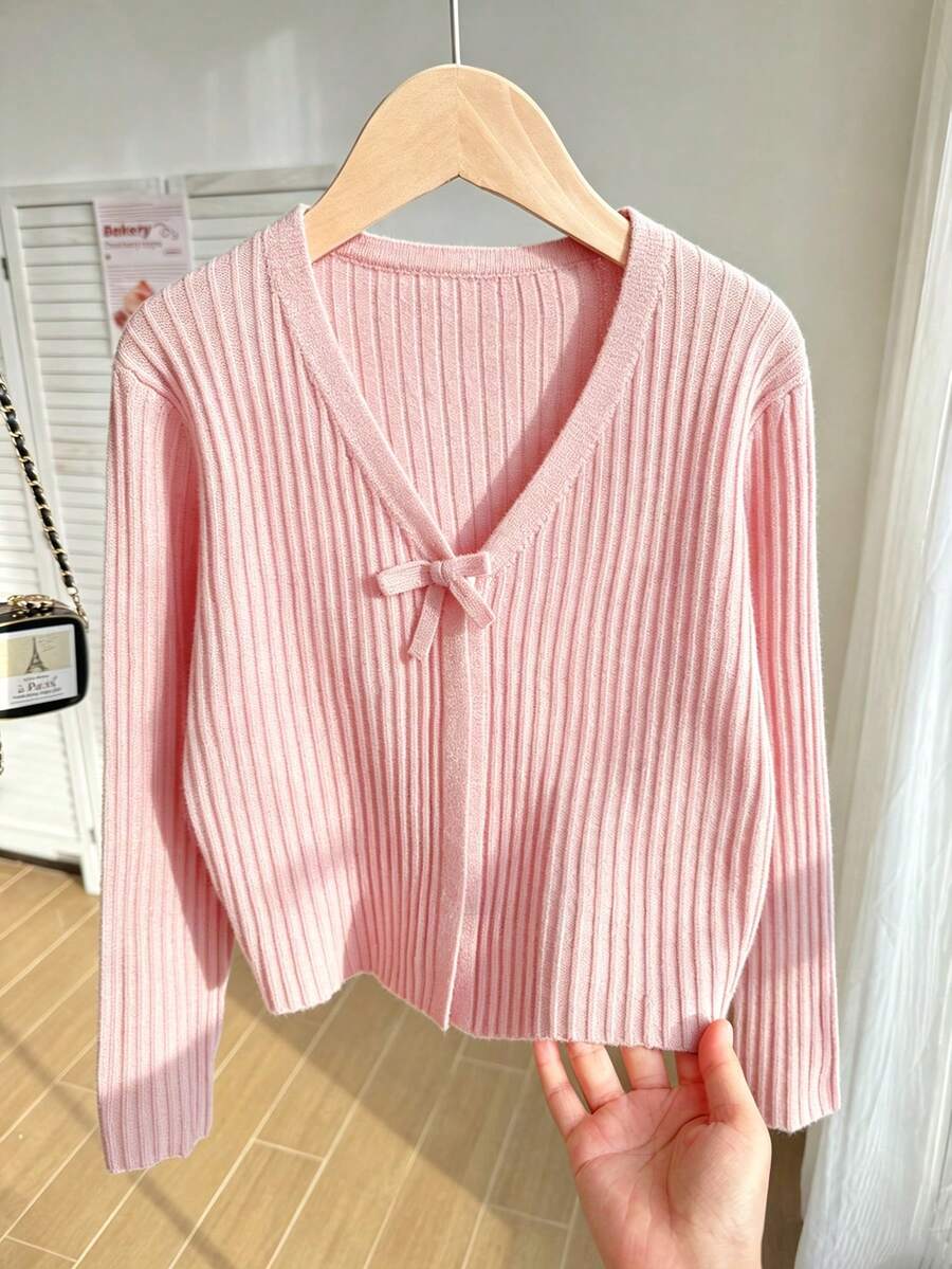 SHEIN 青少年女孩輕量蝴蝶結針織開襟衫,適合外穿 - 淺粉色 - 查看 1