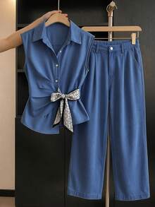 EMERY ROSE EMERY ROSE Women's Pleated Bowknot Strap Button Tank Top And Pocket Loose Long Pants Blue Set Brunch Summer French Casual - Medium Wash - View 5