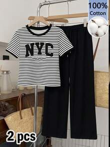 SHEIN EZwear 女款字母條紋拼色印花圓領短袖T恤與抽繩腰口袋長褲兩件套 - 彩色 - 查看 7