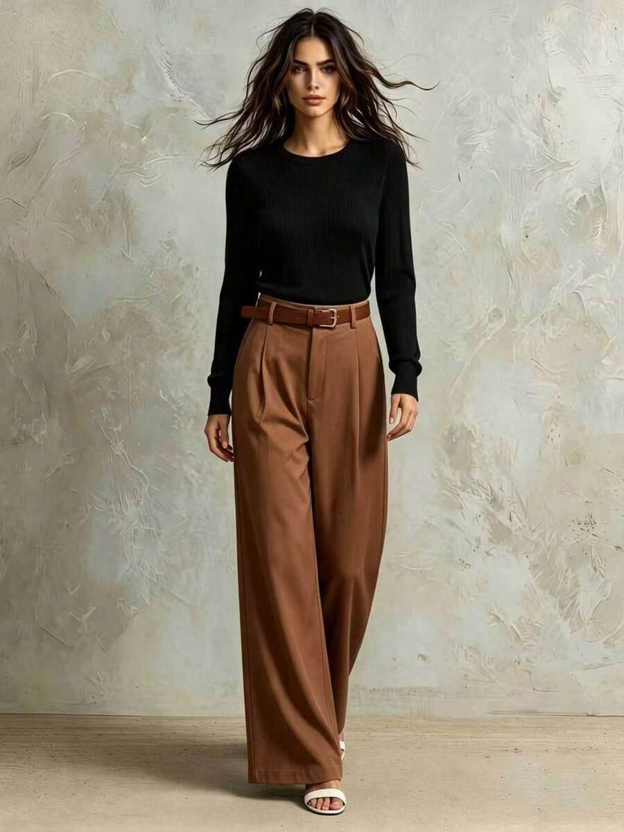 SHEIN Franclia 2 piezas Conjunto de top acanalado y pantalones de unicolor de alta calidad y estilo casual para mujer, primavera/otoño - Multicolor - Ver 1