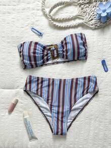 Costavie 女款夏季套裝 2件組 隨機花卉印花高腰泳衣套裝 - 咖啡棕 - 查看 2