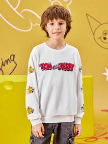 TOM & JERRY X SHEIN 1pc Tween Boy Cartoon Print Drop Shoulder Oversized Sweatshirt In White - White - View 4