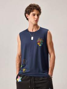 Strevion Harry Potter 男士休闲百搭简约哈利波特四大学院徽章印花元素背心 - 藏蓝色 - 查看 5