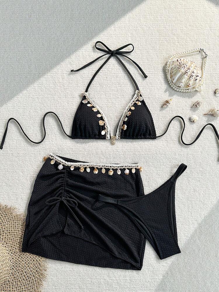Swim SXY 3pcs Knitted Jacquard Fabric Halter Neck Tie Metal Pendant Bikini Cover-Up And Mini Skirt Set - Black - View 3