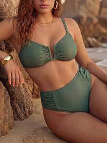 Swim Chiccia Sage Green Summer Elegant Beach Vacation Holiday Women Chiccia 2-Piece Bikini Set,Solid Color Textured Side Ruched Deep V-Neck Plus Size Swimwear - Green - View 1