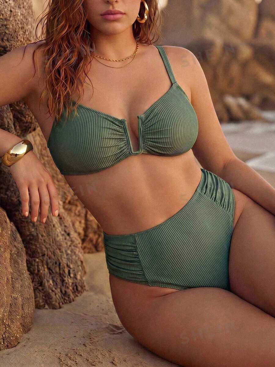Swim Chiccia Sage Green Summer Elegant Beach Vacation Holiday Women Chiccia 2-Piece Bikini Set,Solid Color Textured Side Ruched Deep V-Neck Plus Size Swimwear - Green - View 1