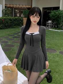 Sweetina 性感甜辣風拼接女款連身裙，冬季收腰 2 合 1 連身裙 - 灰色 - 查看 5