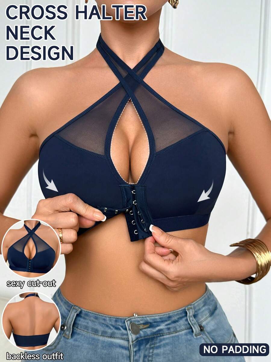 SHEIN 前扣式網格拼接交叉掛脖內衣 - 藍色 - 查看 1