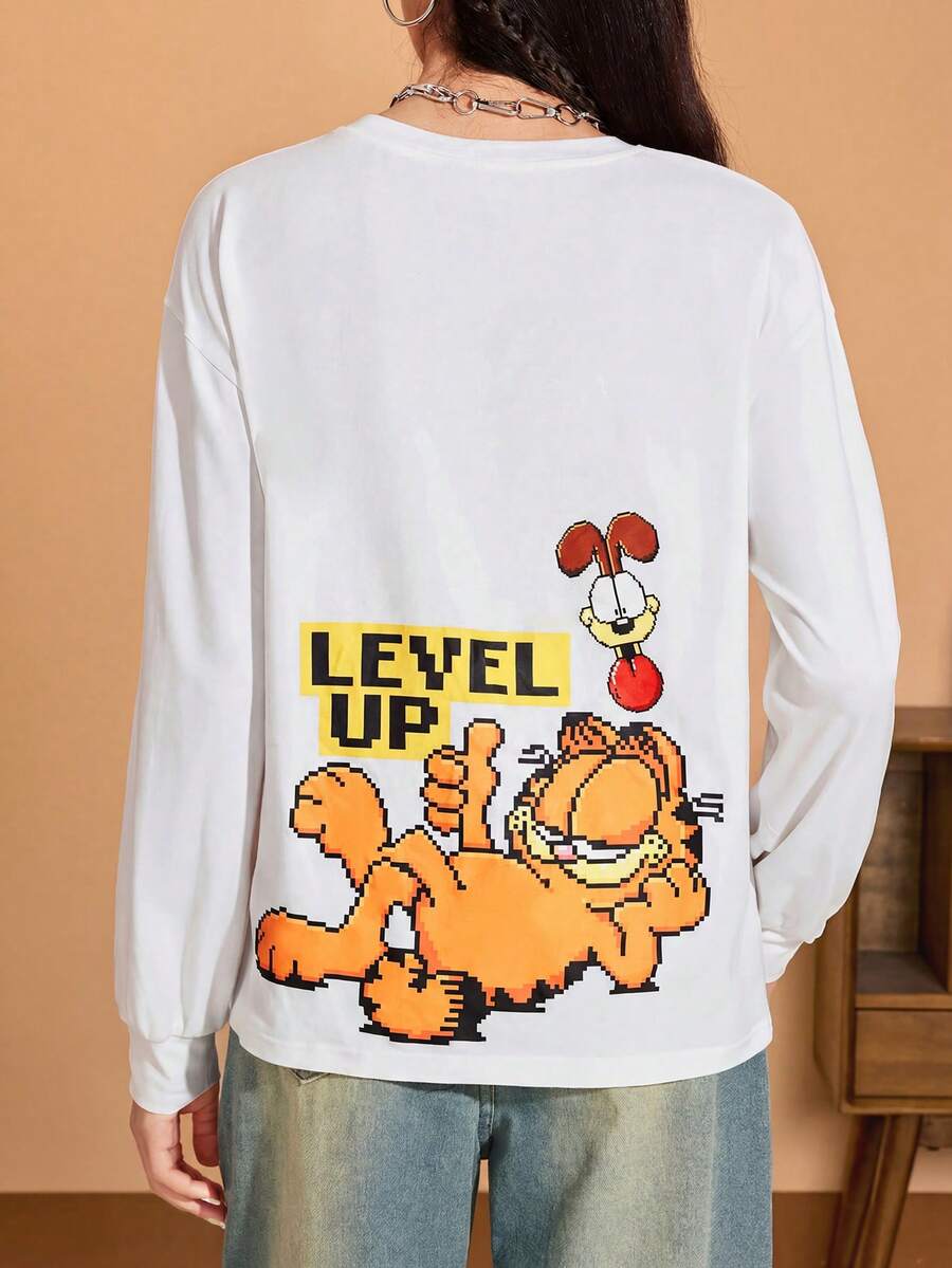 GARFIELD | SHEIN 女士休闲卡通字母印花落肩宽松白色长袖 T 恤,春秋 - 白色 - 查看 1