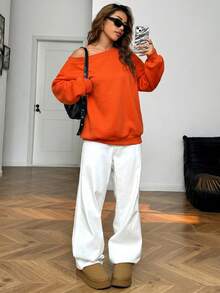 SHEIN EZwear 女款純色不對稱肩休閒百搭日常長袖衛衣 - 橘色 - 查看 3