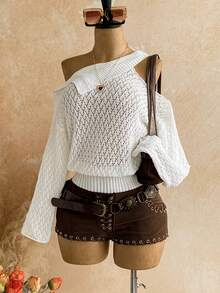 Soleia Women's Solid Color Asymmetric Collar Long Sleeve Hollow Out Loose Knit Sweater - White - View 5