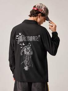 Strevion BATMAN Kemeja Pria Lengan Panjang Longgar Kasual dengan Motif Grafis Minimalis, Cocok untuk Musim Gugur & Musim Panas - Hitam - View 1