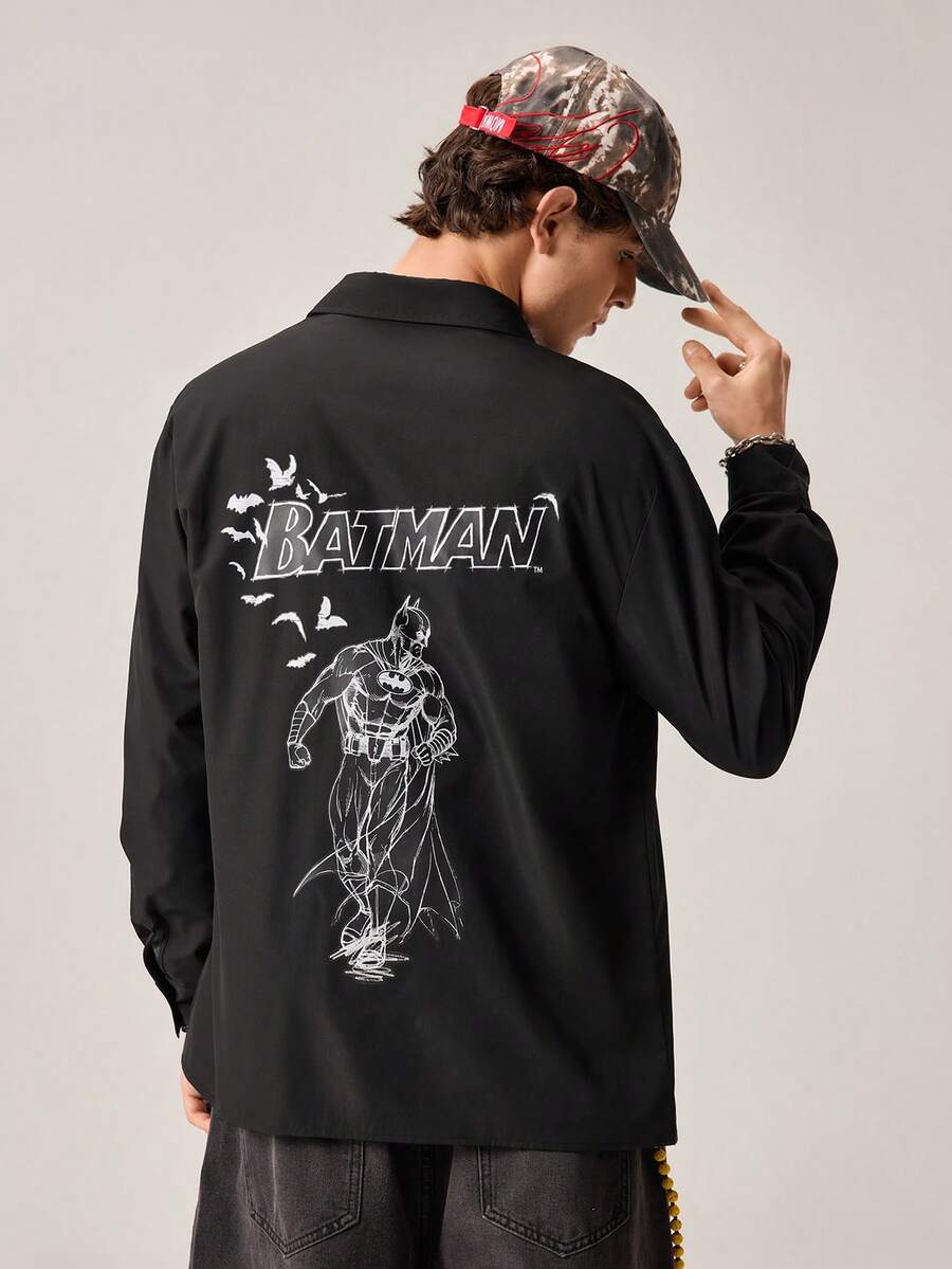 Strevion BATMAN Kemeja Pria Lengan Panjang Longgar Kasual dengan Motif Grafis Minimalis, Cocok untuk Musim Gugur & Musim Panas - Hitam - View 1