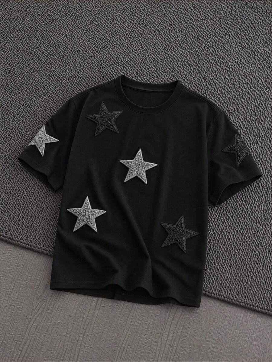 Manfinity VCAY Camiseta negra con bordado de estrella para hombre talla grande, verano - Negro - Ver 1