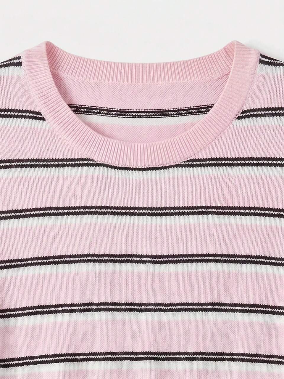 Pink Striped Long Sleeves Wool Blended Knit Sweater Top With A Round Neckline Summer Autumn Casual Daily